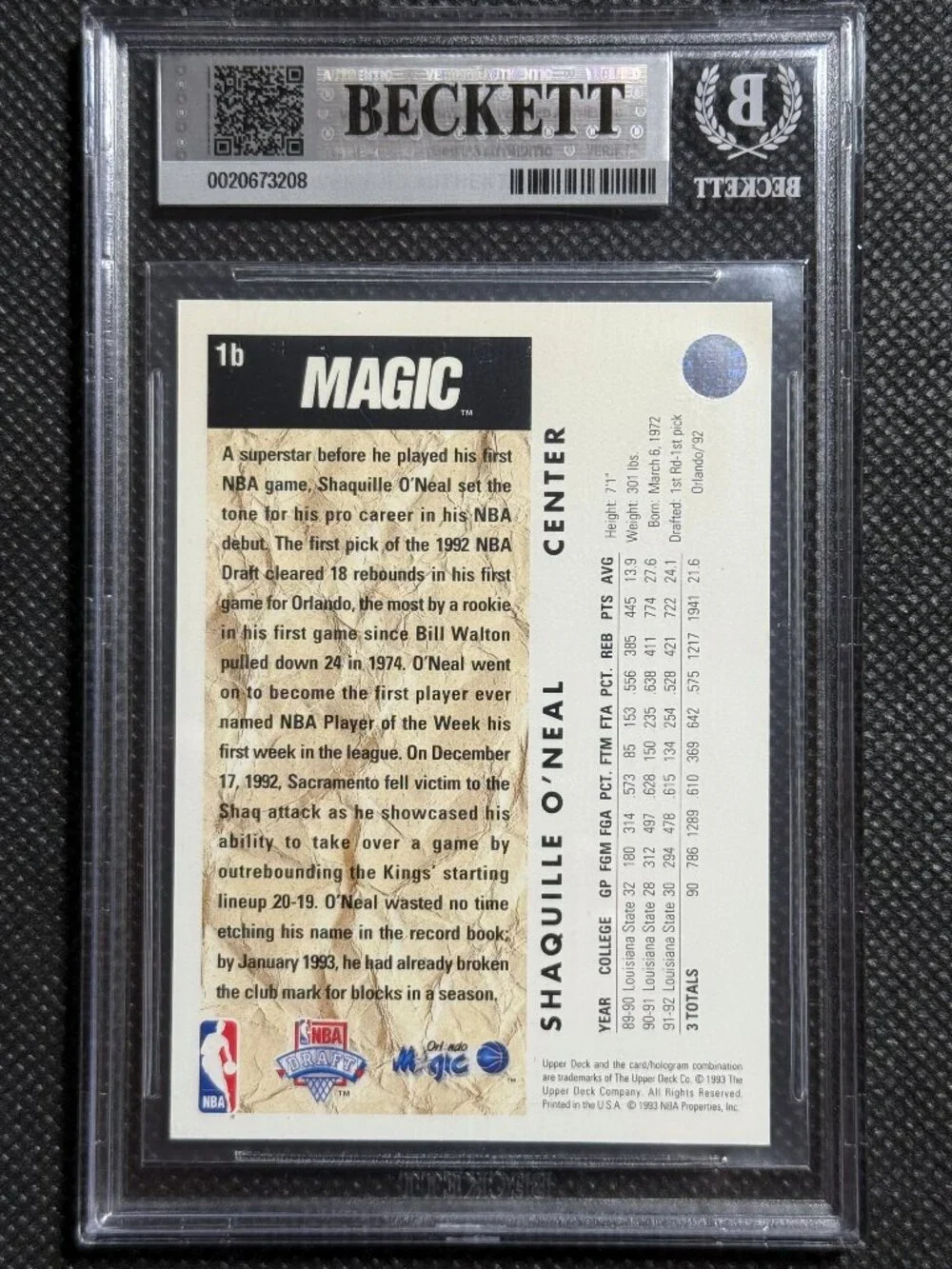 SHAQUILLE O'NEAL 1992-93 UPPER DECK #1B TRADE CARD RC BGS MINT 9 ORLANDO MAGIC